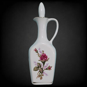 1950s Vintage Porcelain Decanter Floral Gold Trim Cork Stopper Mid-Century Cruet
